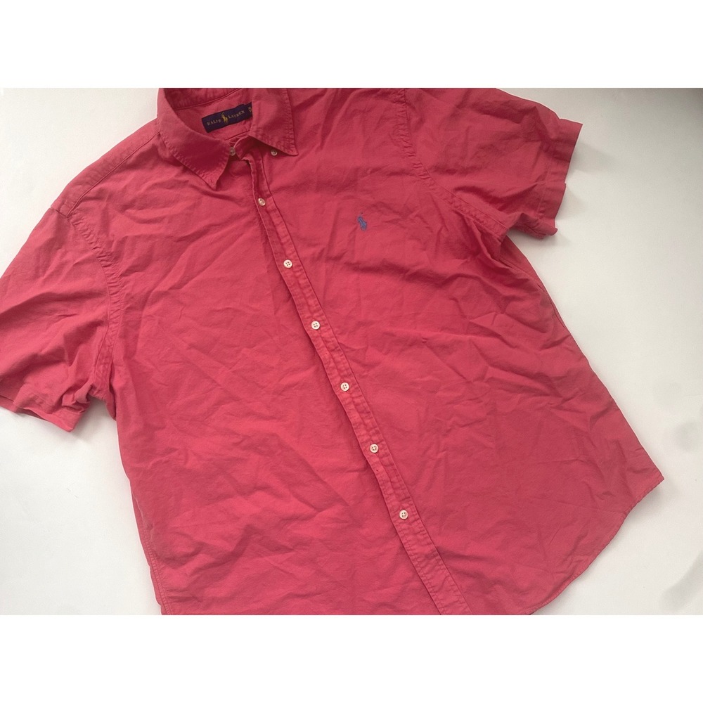 Ralph Lauren Mens Pink Short Sleeve Button Down Shirt 100% Cotton XL Pony‎ Logo